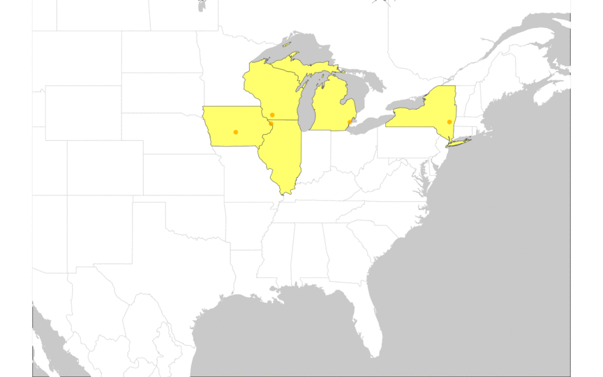 A map highlighting Illinois, Wisconsin, Michigan, and New York in yellow with orange dots marking major cities within these states.
