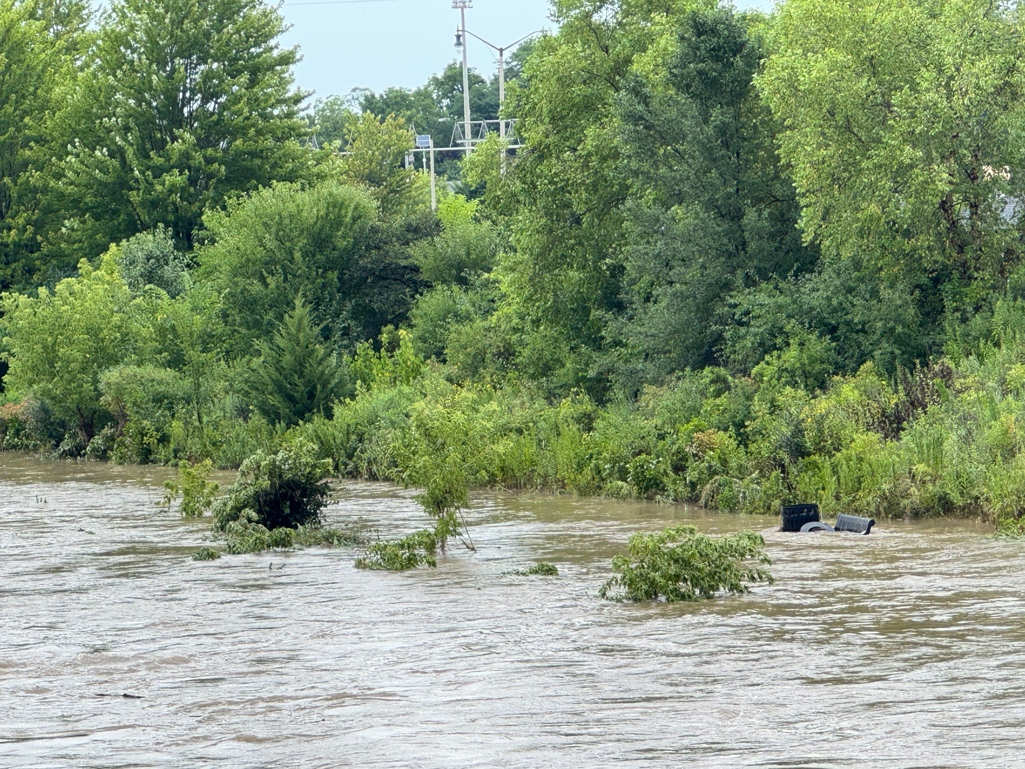 Floodwaters cover a riverbank with debris and tree branches; the roof of a partially submerged vehicle is visible near the shoreline.