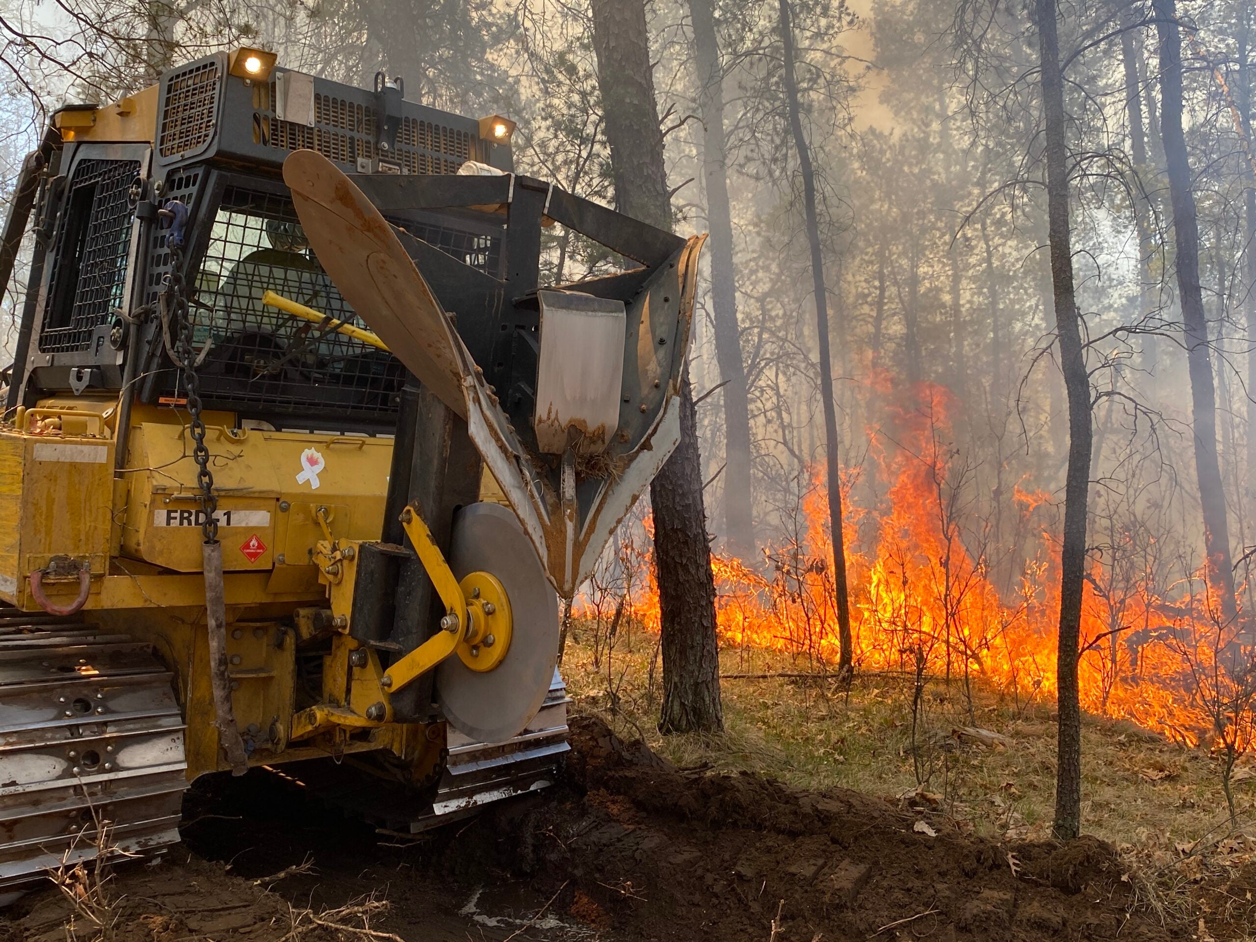 A bulldozer clears a path through a forest while a wildfire burns nearby, creating a firebreak to help contain the blaze.
