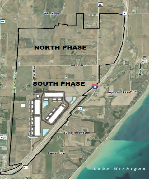 Aerial map showing a development site divided into North Phase and South Phase near Lake Michigan, with nearby roads and highways labeled.