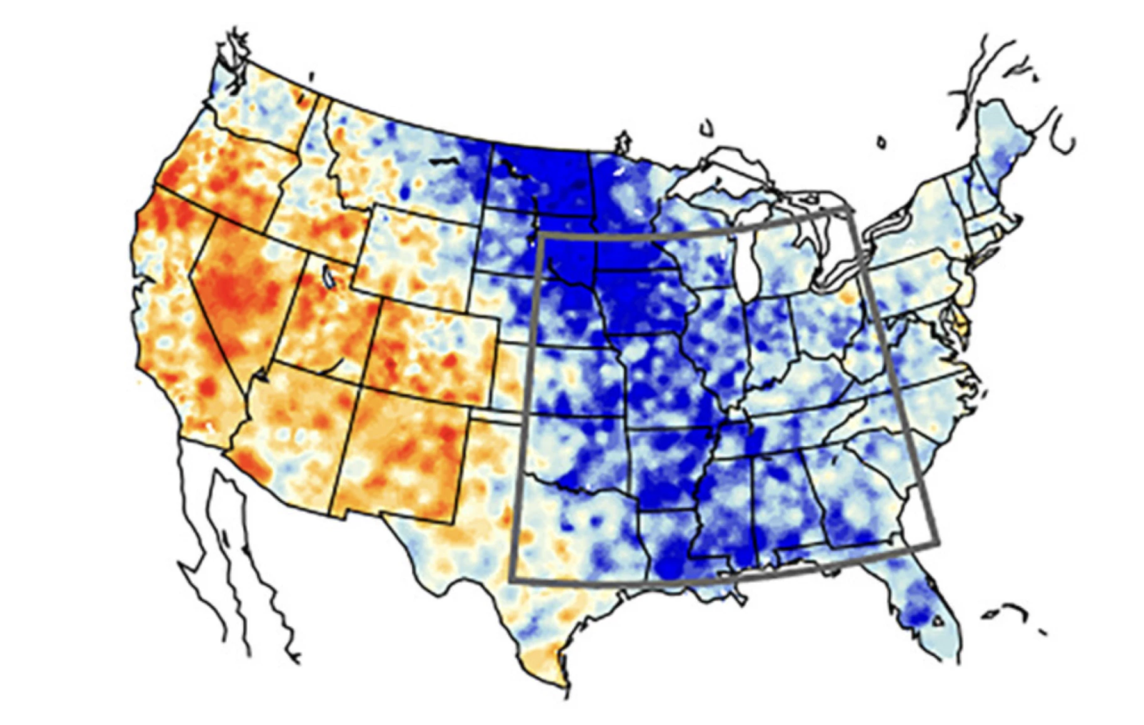 A map of the contiguous United States shows temperature anomalies, with blue indicating cooler and orange indicating warmer regions, mostly cooler in the Midwest and warmer in the Southwest.