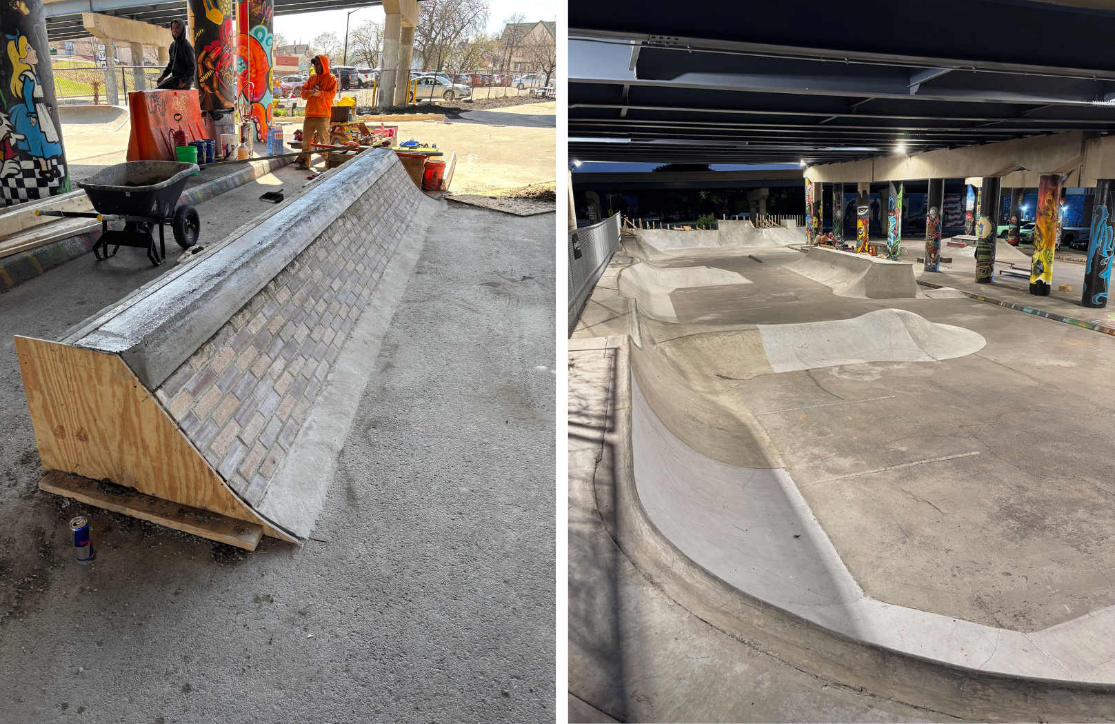 Left: A partially built skate ramp with bricks and wooden frame under a bridge. Right: A concrete skatepark with ramps and rails beneath an overpass.