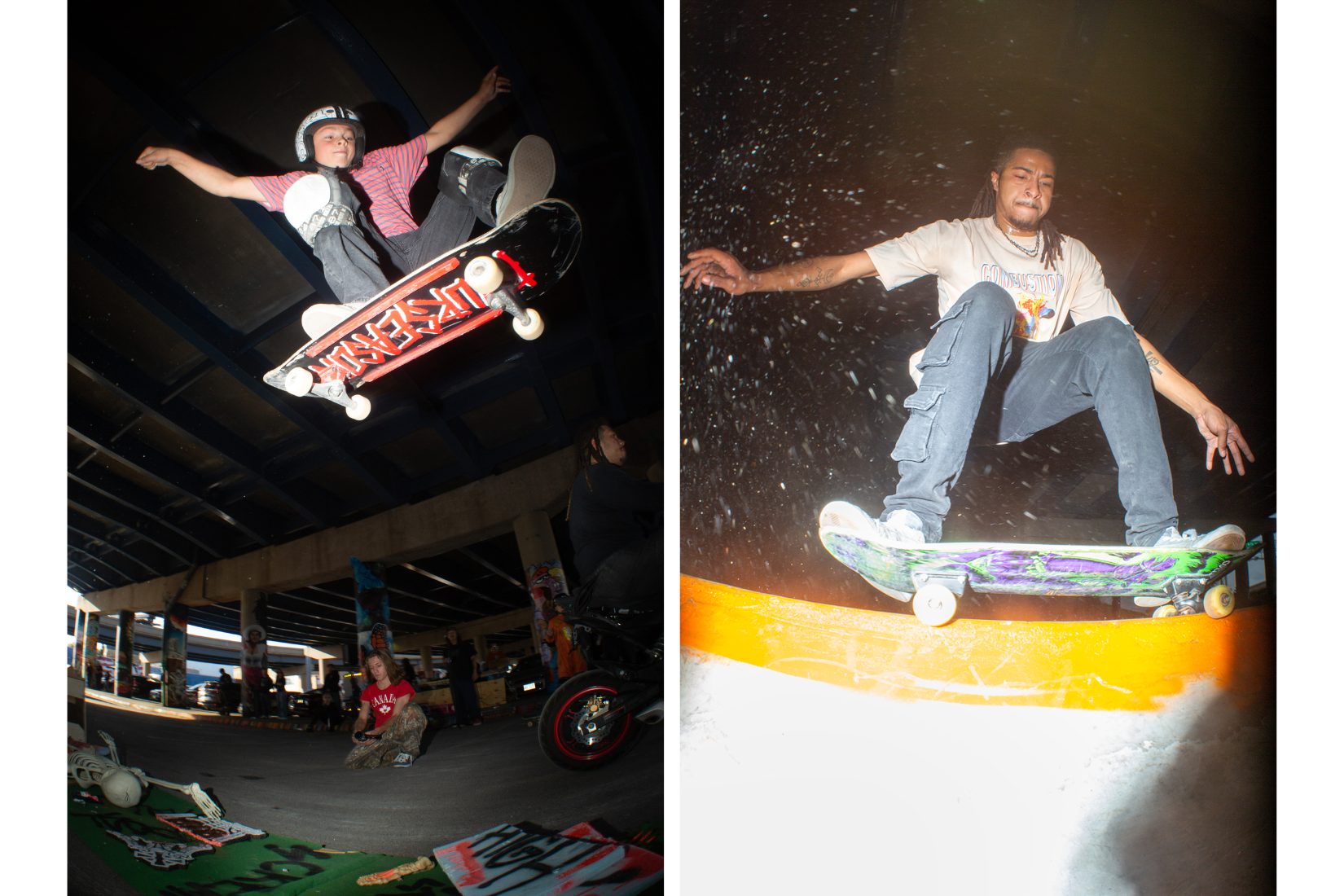 Two skateboarders perform tricks; one is airborne under a bridge, while the other grinds on a ledge at night. Both scenes capture urban skateboarding action.