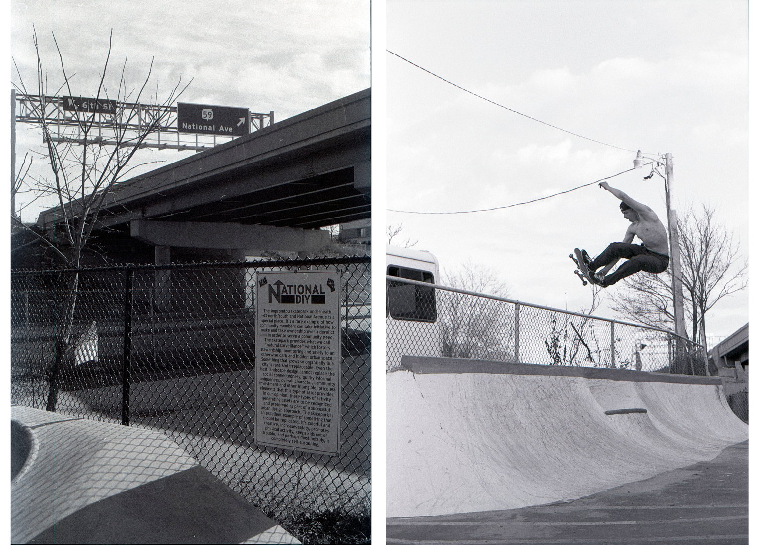 A black and white diptych shows a freeway overpass and National DIY sign on the left, and a skateboarder performing an aerial trick above a ramp and fence on the right.