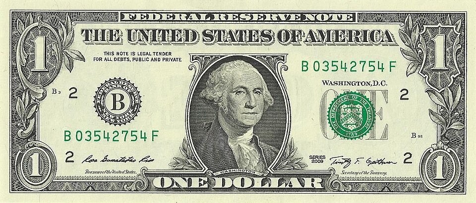 U.S. one dollar bill featuring George Washingtons portrait in the center, with serial numbers, seals, and denomination indicators visible.