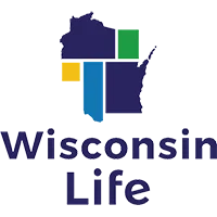 Logo featuring the outline of Wisconsin divided into four colored sections above the text Wisconsin Life in blue font.
