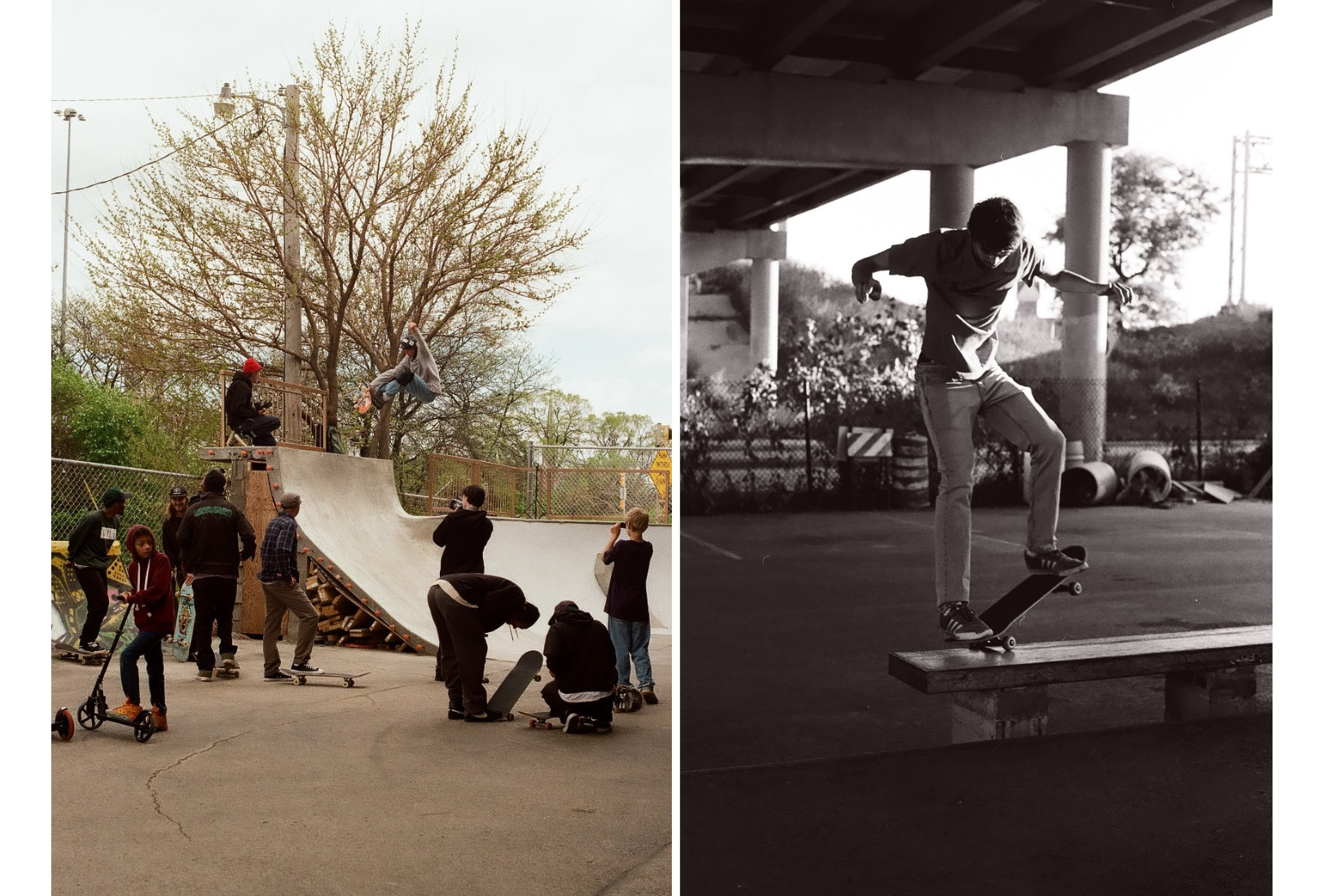 Split image: Left side shows a group of people watching skateboarders on a ramp outdoors; right side shows a person skateboarding on a ledge under a bridge.