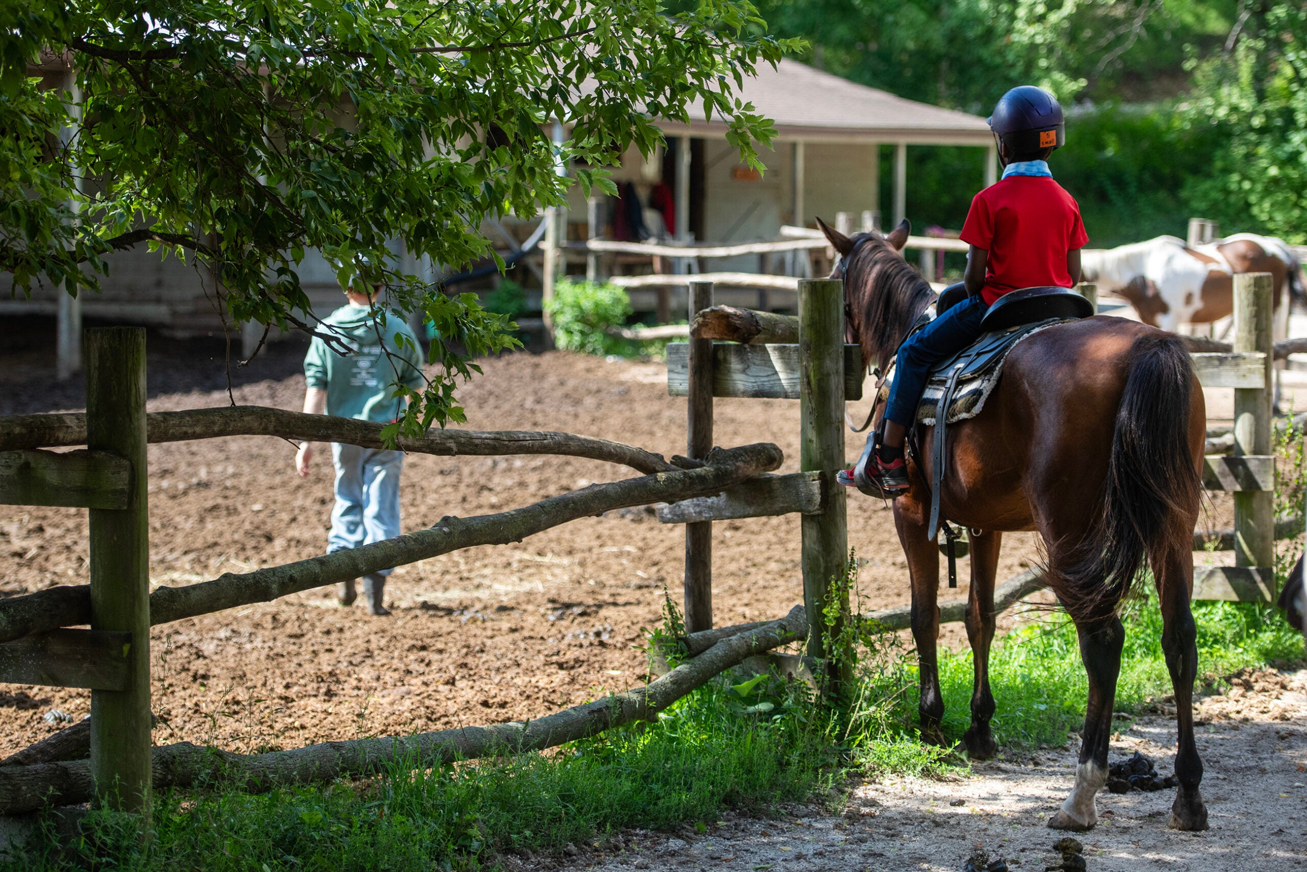 A child wearing a helmet sits on a brown horse near a wooden fence, watching an adult walk away in a sunlit rural setting.