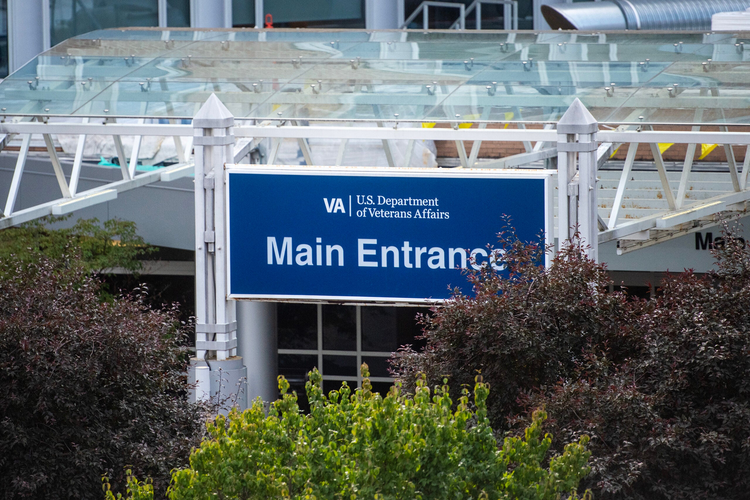 A blue sign reading U.S. Department of Veterans Affairs Main Entrance is displayed outside a building, partially visible behind trees and a glass canopy.