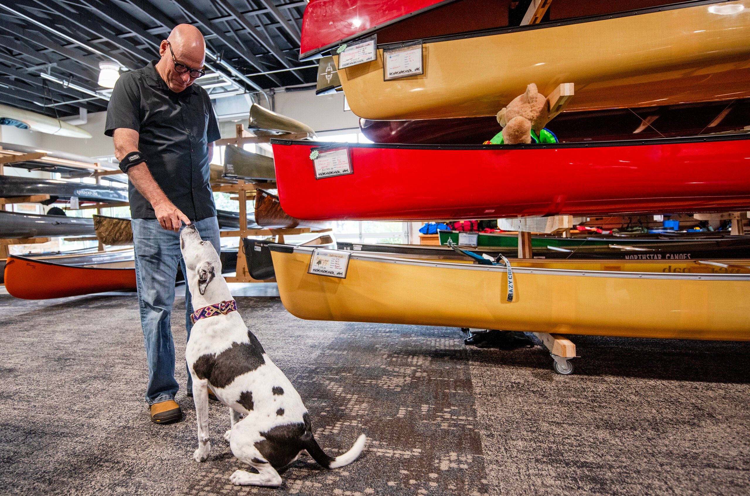 A man stands indoors near stacked canoes, feeding a treat to a black and white dog sitting in front of him.