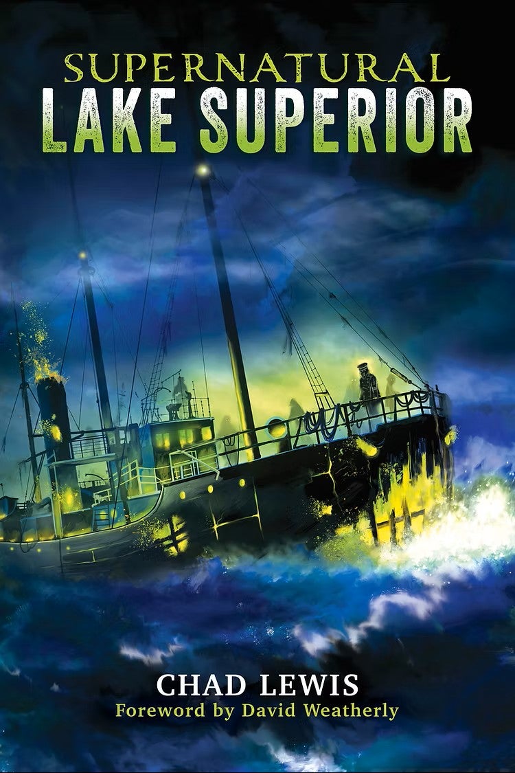 Illustrated book cover for Supernatural Lake Superior by Chad Lewis, featuring a ship battling rough, stormy waves under a dark, cloudy sky.