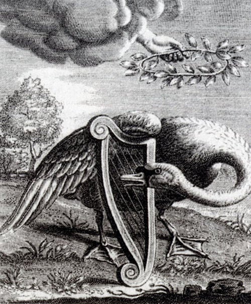 A goose with its beak open appears to play a harp; above, a hand extends from a cloud holding a laurel wreath.