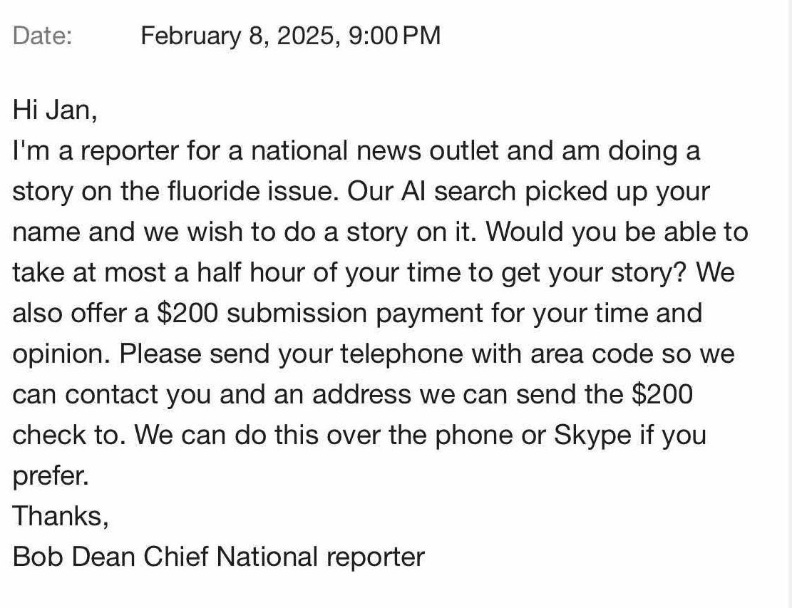 Email from a reporter offering $200 for an interview on fluoride, requesting phone number and address for contact and payment, signed by Bob Dean, Chief National Reporter.
