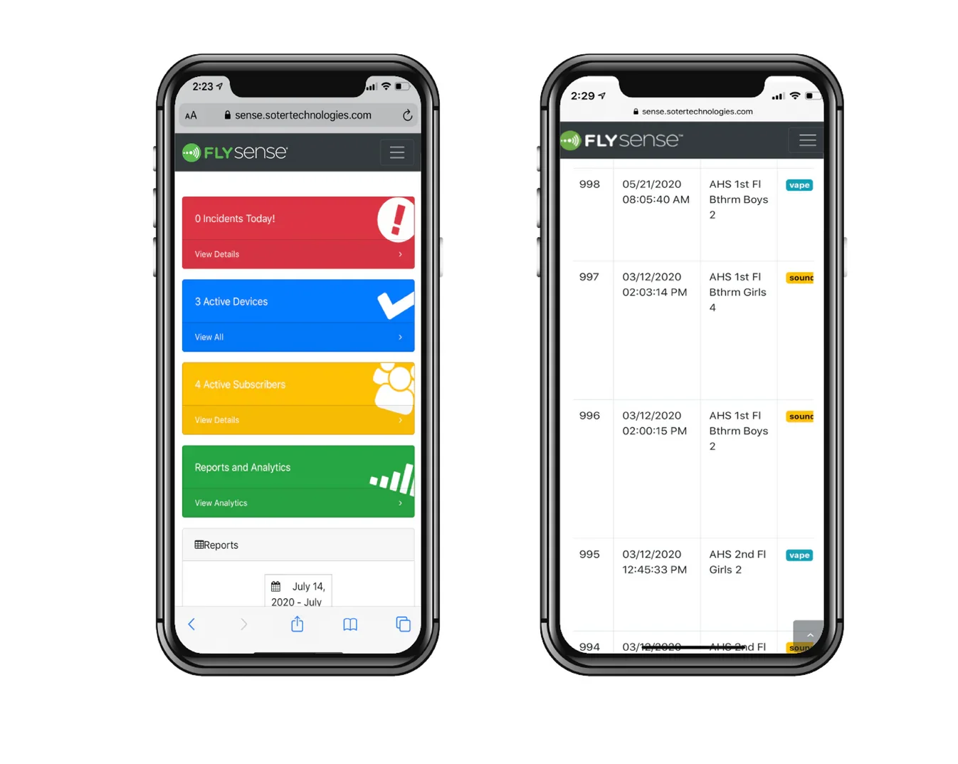 Two smartphones display the Fly Sense app: the left screen shows a dashboard with incident alerts and reports, while the right screen shows a log of incident details with dates and times.