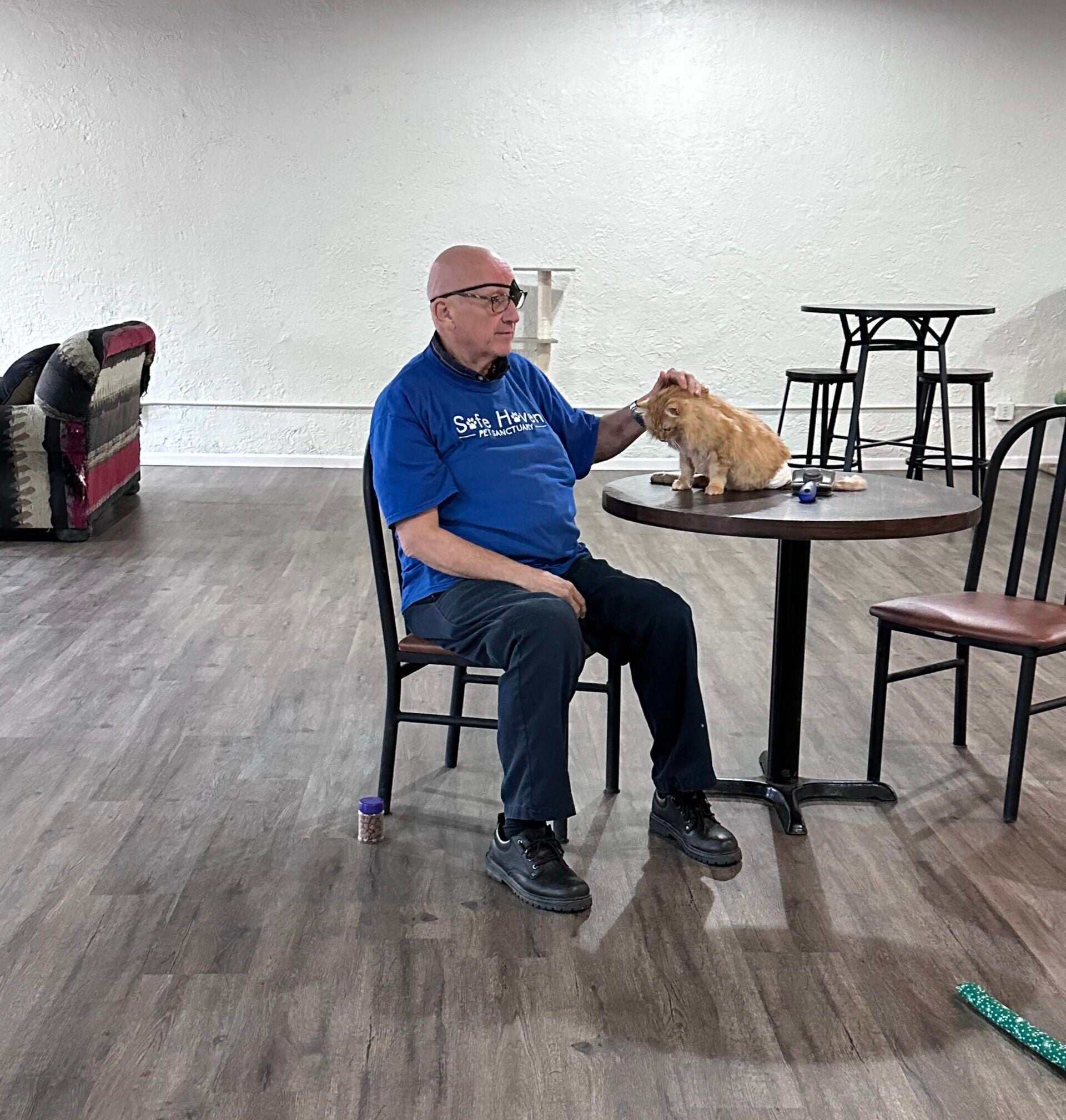An older man sits at a table petting a ginger cat in a spacious room with minimal furniture, including chairs, a table, and a sofa in the background.