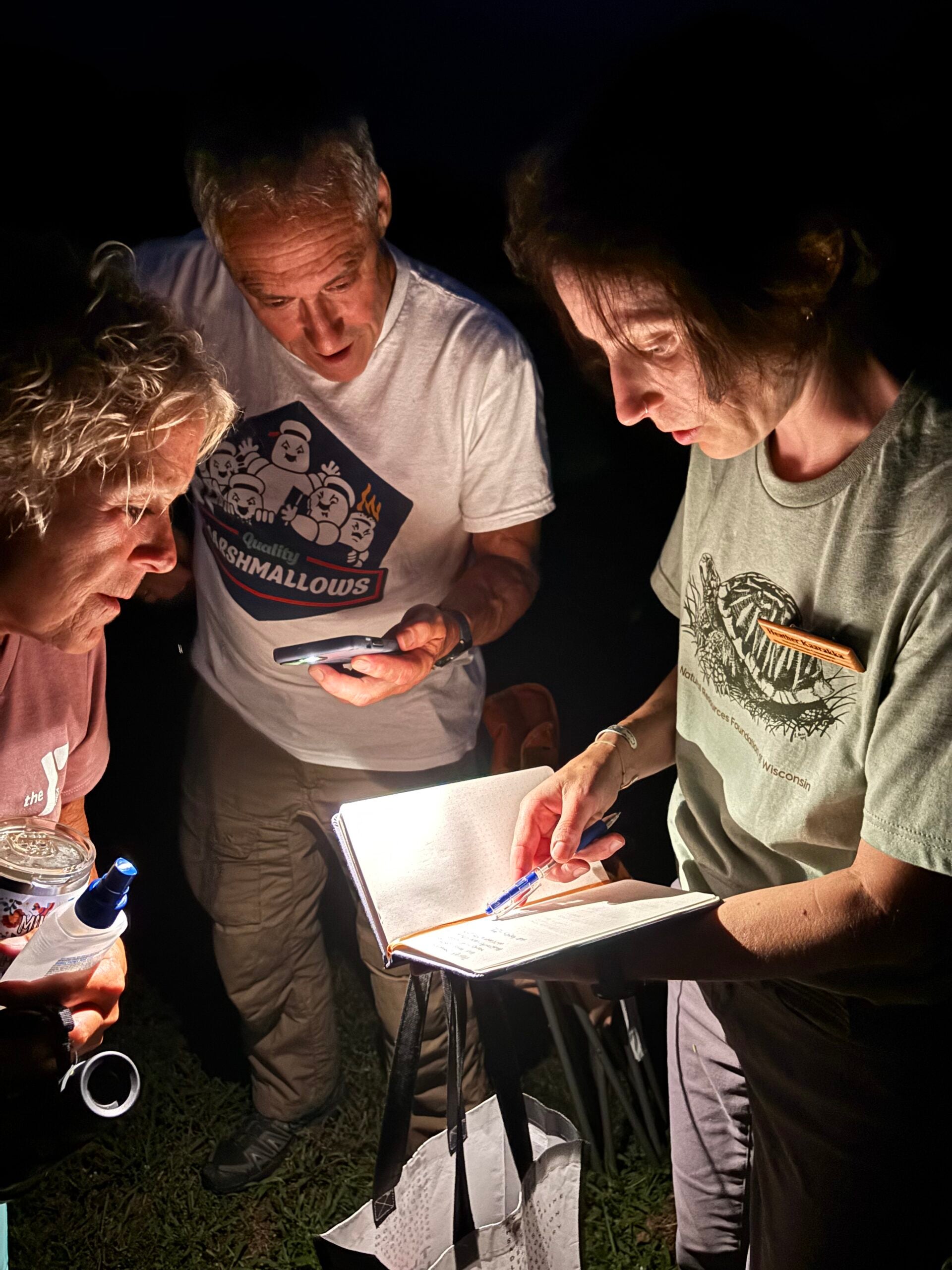 Three adults stand outdoors at night, illuminated by a flashlight, as one woman writes in a notebook while the others observe and hold items.