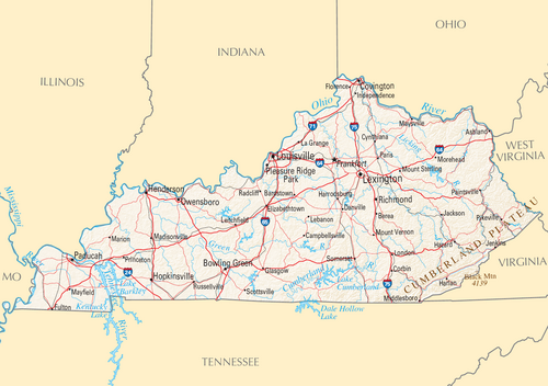 Map of Kentucky showing major cities, highways, rivers, surrounding states, and key geographic features including the Cumberland Plateau.