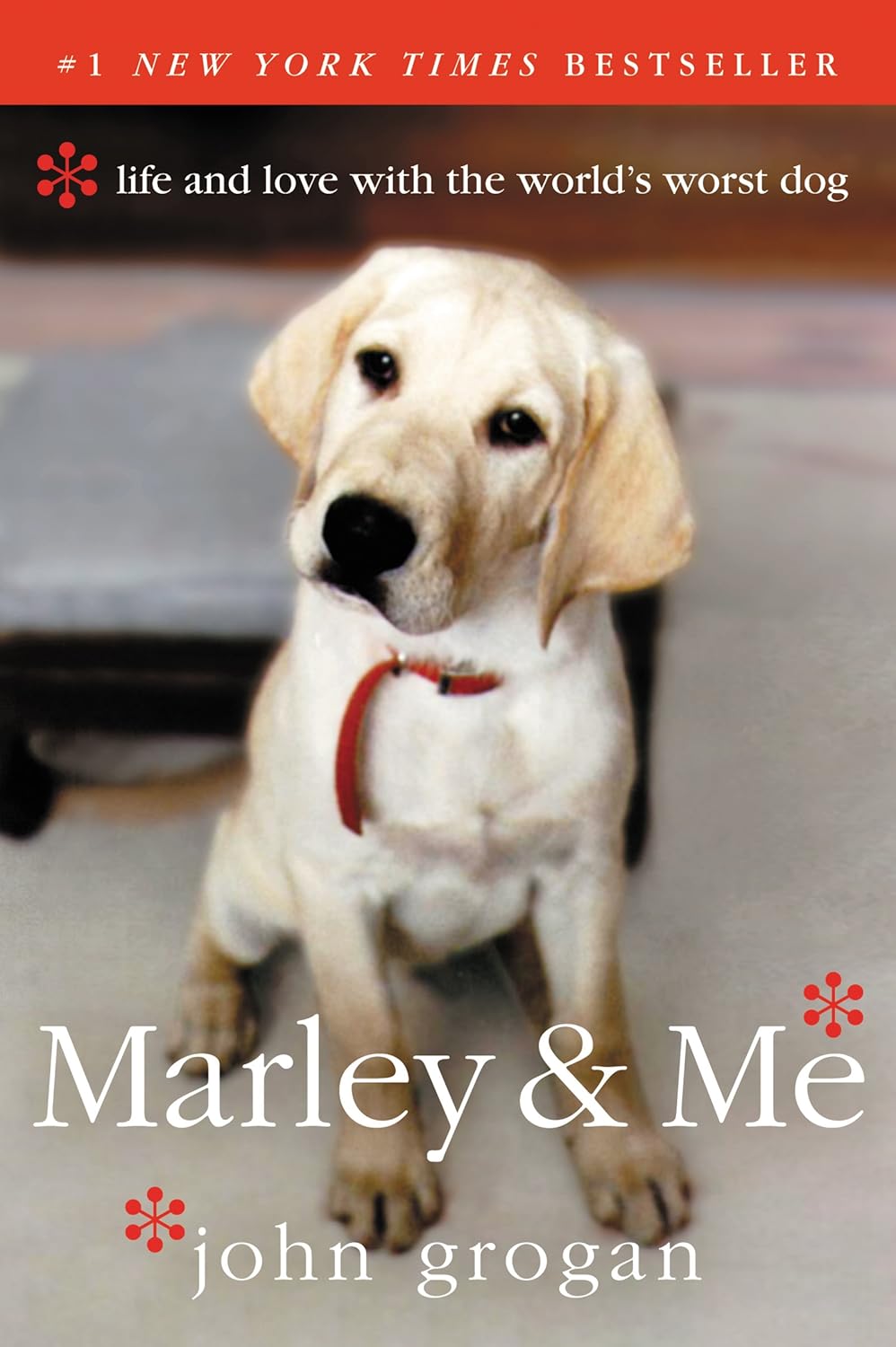 A yellow Labrador puppy with a red collar sits on the cover of the book Marley & Me by John Grogan, with the subtitle, life and love with the worlds worst dog.