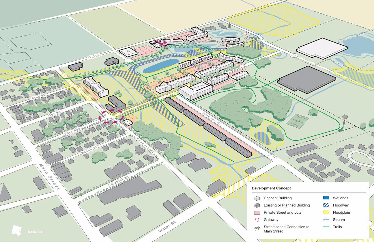 Illustrated site map showing existing and planned buildings, green spaces, water features, roads, trails, floodplains, wetlands, and development concepts with legend.