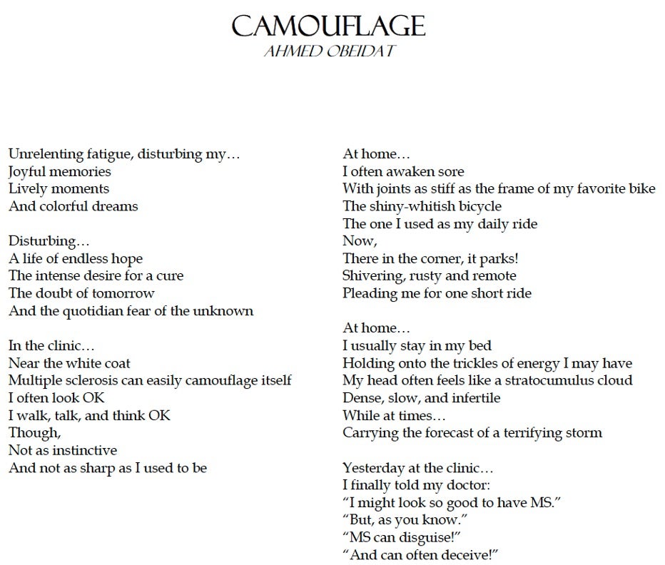 A poem titled Camouflage by Ahmed Obeidat describing experiences with multiple sclerosis through vivid imagery of fatigue, clinic visits, and symptoms at home.