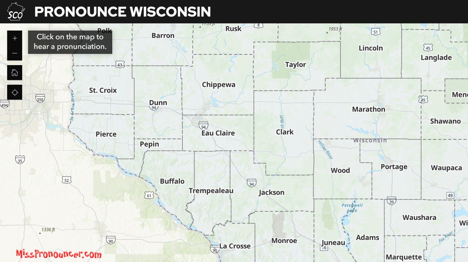 A map of central Wisconsin counties with a prompt to click on the map to hear pronunciations of place names. County boundaries and names are labeled.