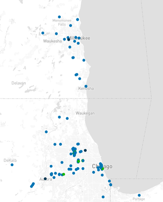 A map showing clusters of blue and green dots representing data points between Milwaukee and Chicago along the Lake Michigan shoreline.