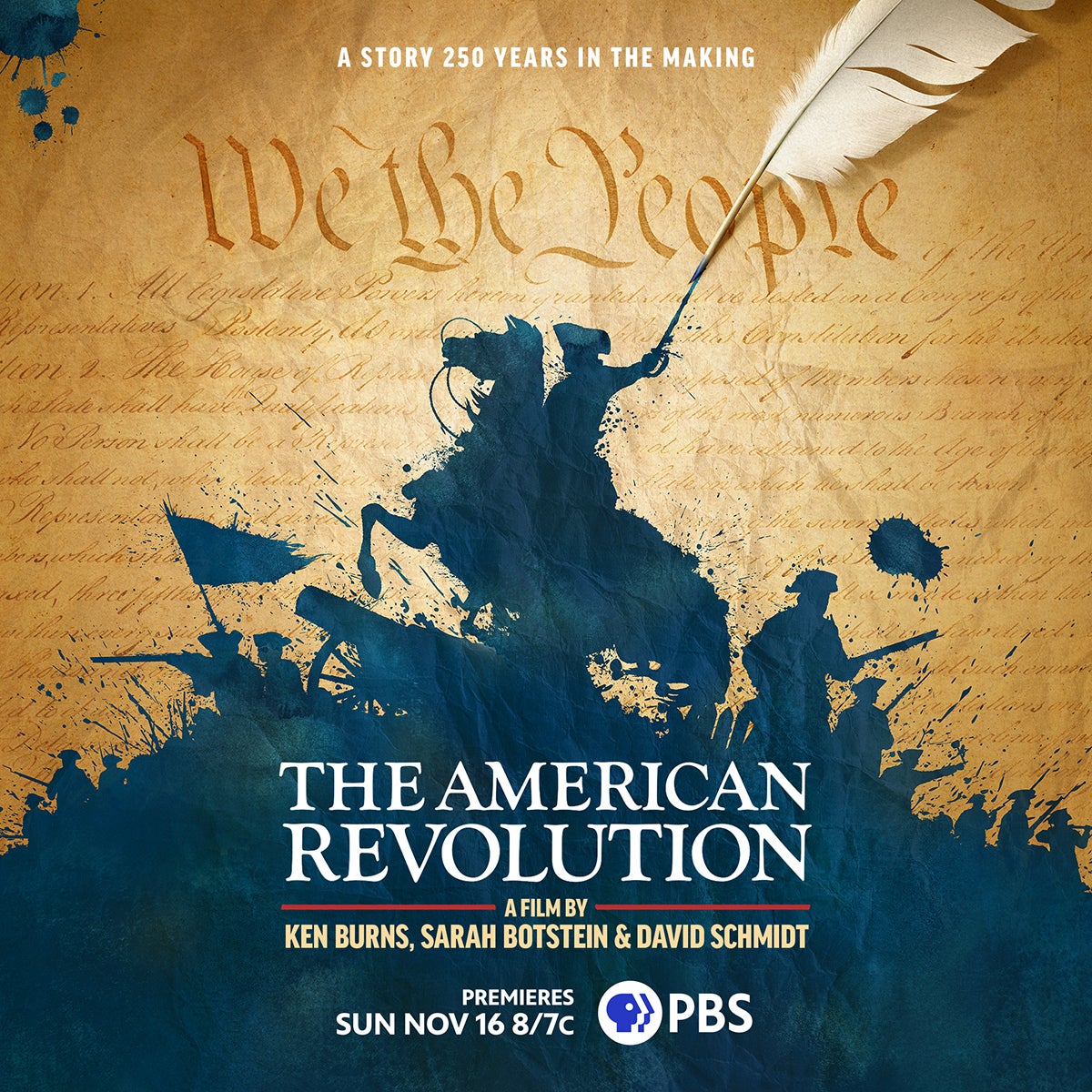 Silhouettes of Revolutionary War figures with a feather quill and “We the People” in the background, promoting the PBS film “The American Revolution.”.