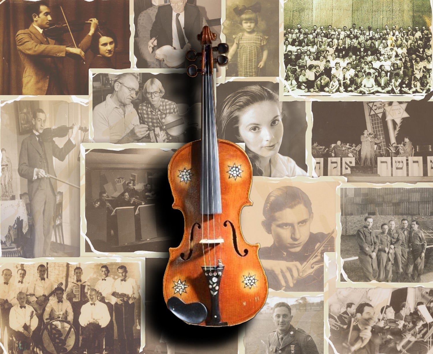 A violin is centered over a collage of vintage black-and-white photographs depicting people, musicians, and group portraits.