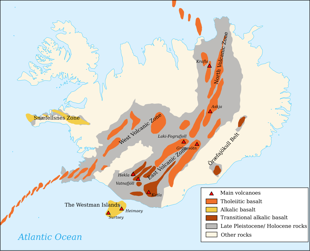 Map of Iceland displaying volcanic zones, main volcanoes, and types of basalt and rocks, color-coded and labeled with geological regions and neighboring Atlantic Ocean.