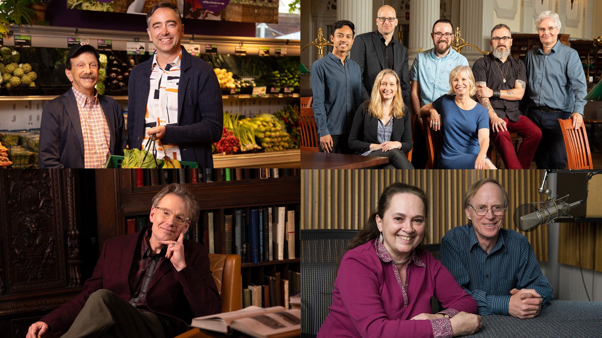 A collage of four images: two men in a grocery store, a group of seven people posing indoors, a man sitting by bookshelves, and two people at a radio station table.