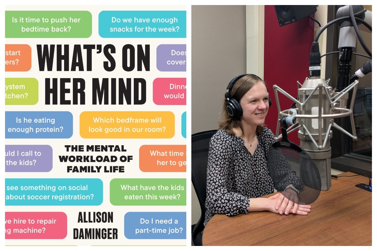 A woman wearing headphones sits at a microphone in a recording studio next to the cover of the book Whats On Her Mind by Allison Daminger.