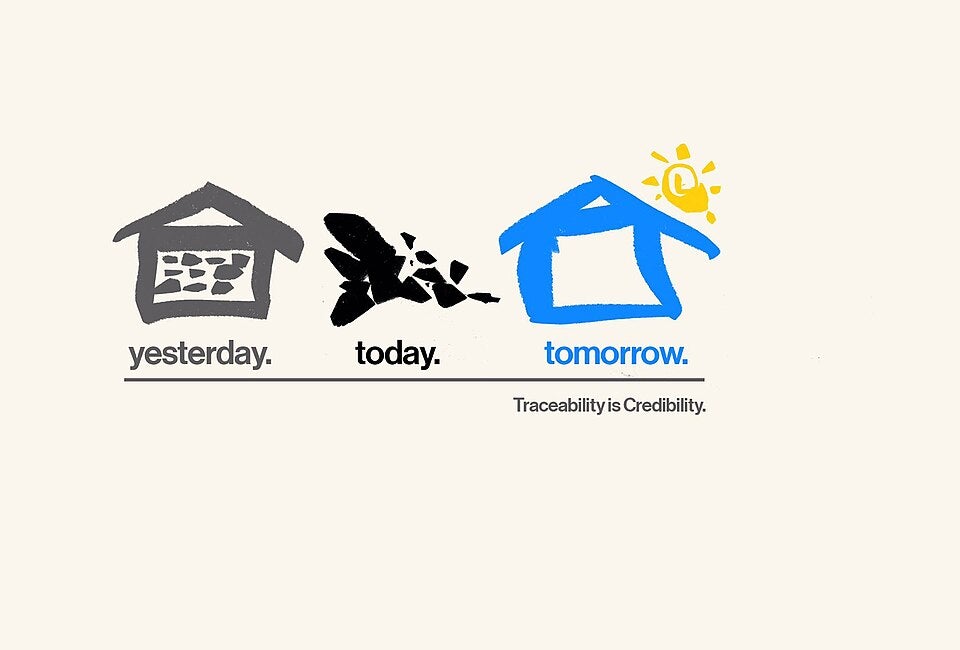 Three house icons labeled yesterday, today, and tomorrow, with yesterday in gray, today crumbling, and tomorrow in blue with a sun. Text: Traceability is Credibility.