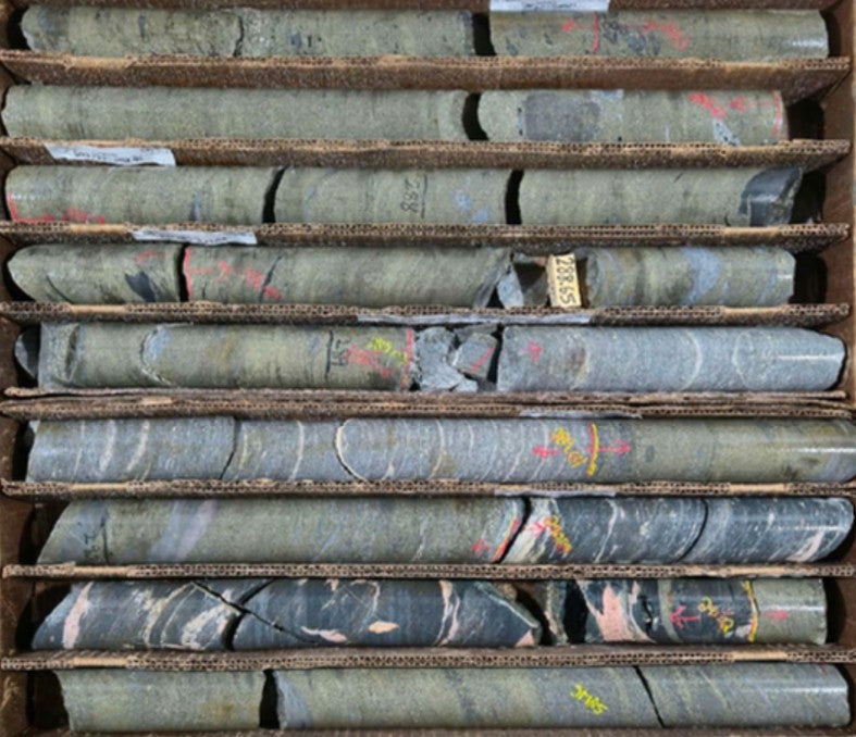 Rows of cylindrical rock core samples are stored in a cardboard box with cardboard dividers, showing markings and labels on the sample surfaces.