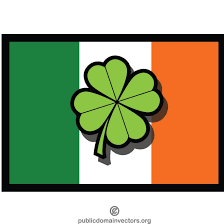 The flag of Ireland with a green shamrock centered on it. The flag has three vertical stripes: green, white, and orange.