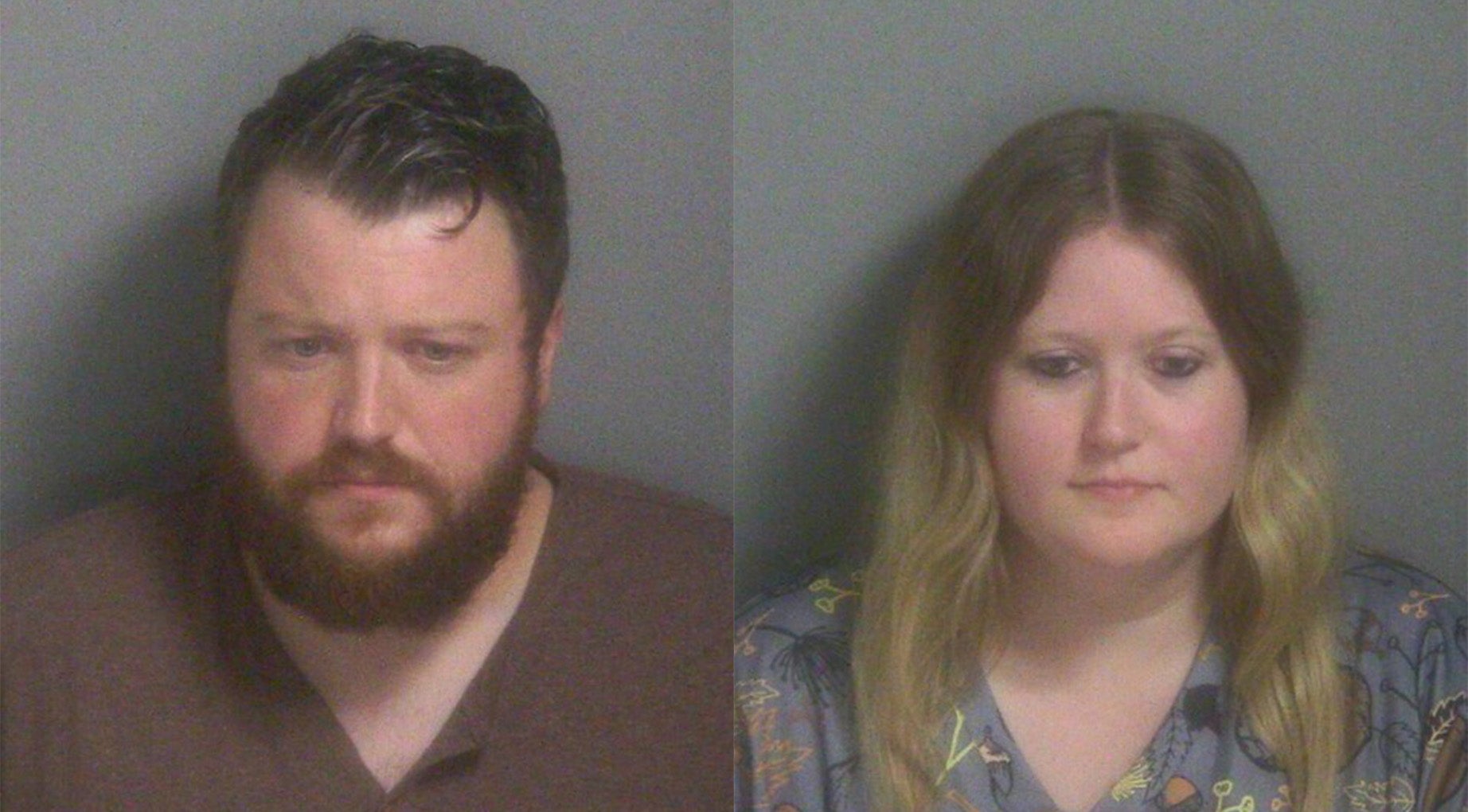 Two mugshots of adults, a bearded man on the left wearing a brown shirt and a woman with long, light brown hair on the right, against a neutral background.