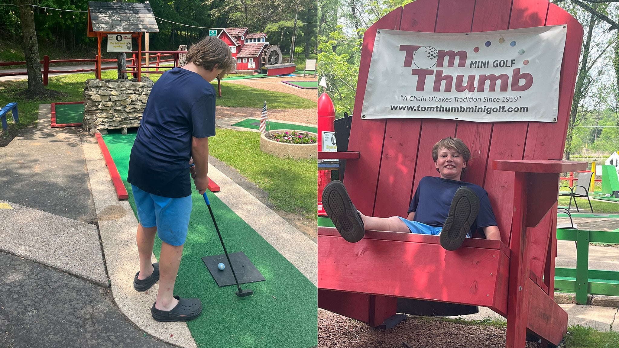 A boy playing mini golf on a green course in the left photo and sitting in a large red chair under a Tom Thumb Mini Golf sign in the right photo.