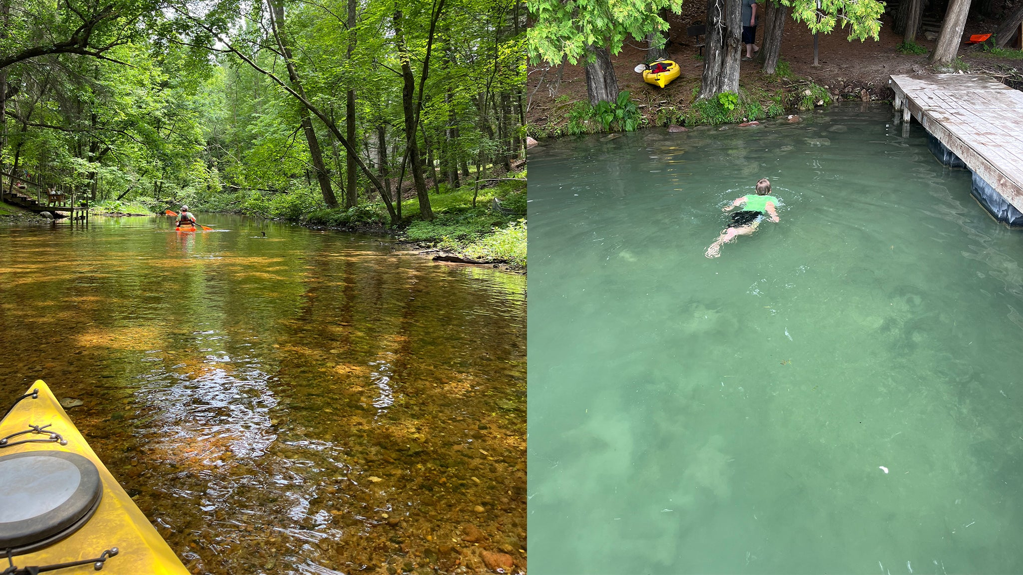 Two scenes: left shows kayakers paddling on a clear, shallow river; right shows a person swimming near a dock in greenish water, with a kayak on land in the background.
