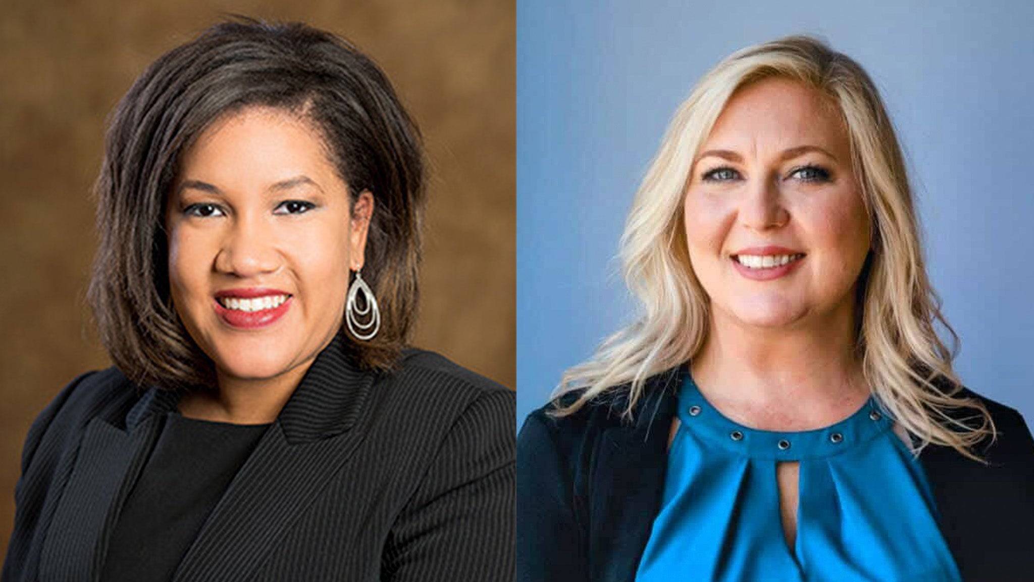 Two women in professional attire pose for separate portraits; the woman on the left has dark hair and wears a black suit, and the woman on the right has blonde hair and wears a blue blouse with a black jacket.