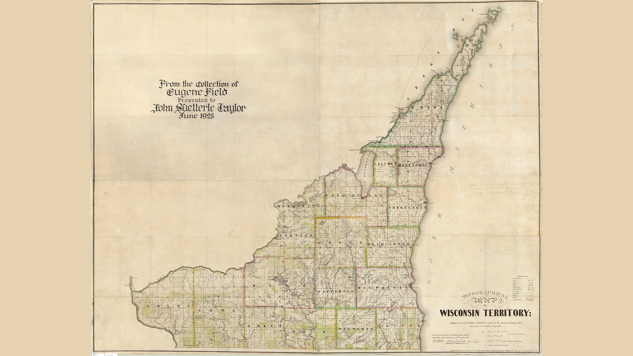 Historic map labeled Wisconsin Territory from 1836, showing county boundaries, rivers, and Lake Michigan, with handwritten collector’s details at the top left.
