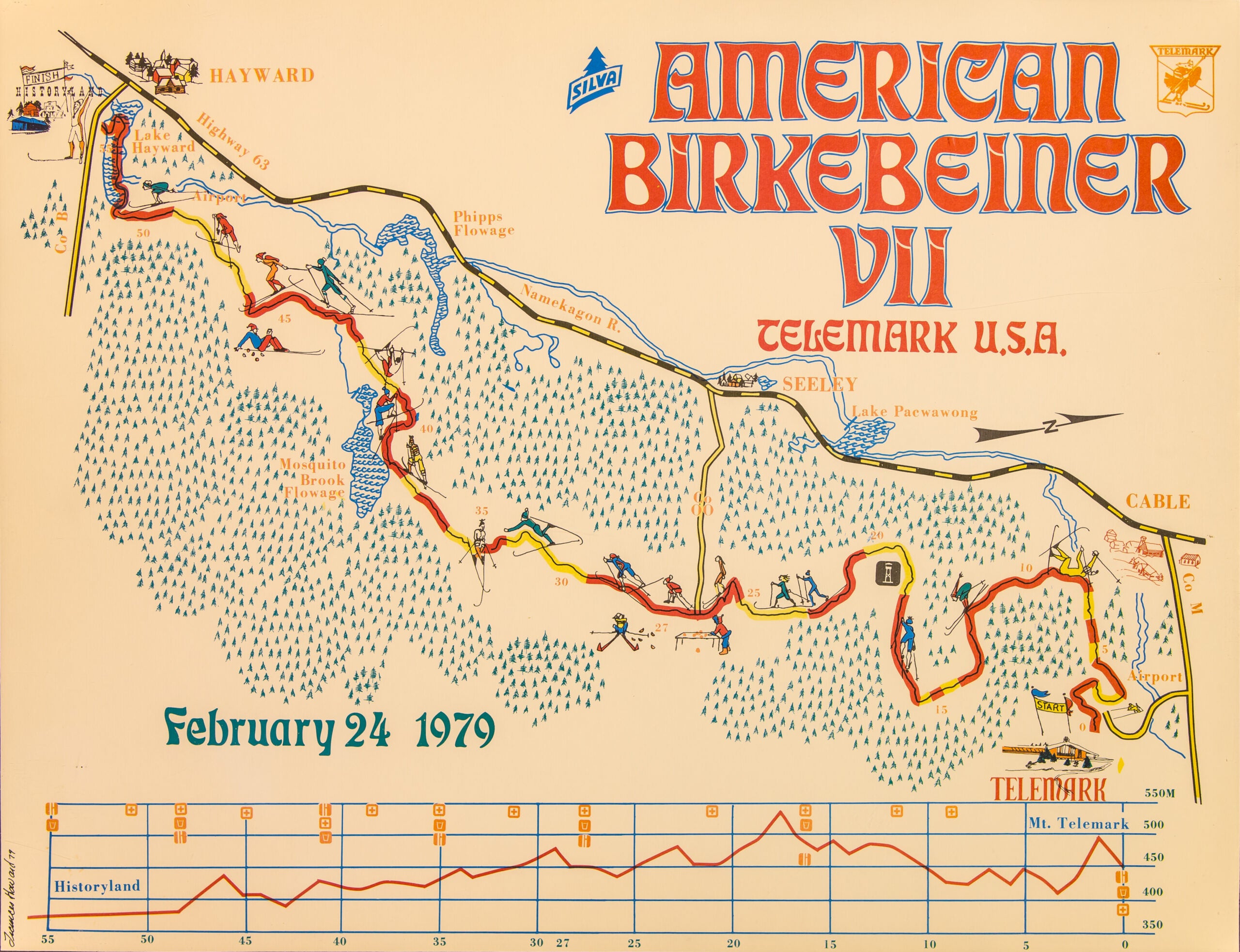 Map showing the route of the 1979 American Birkebeiner VII ski race from Cable to Hayward, Wisconsin, with landmarks and elevation chart.