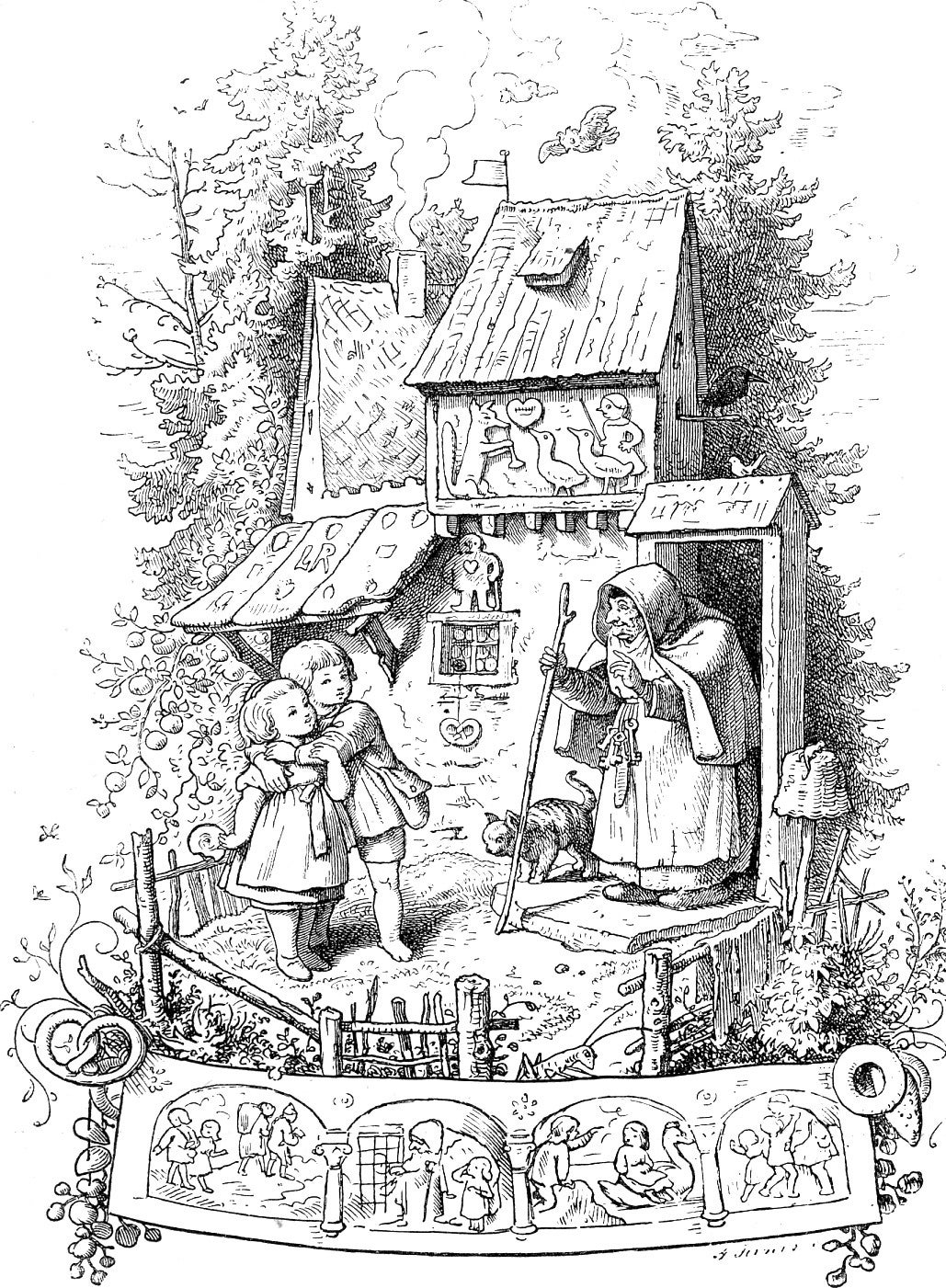 A boy and girl stand outside a small, crooked house in the woods, facing an old woman with a cane at the door; storybook illustration style.