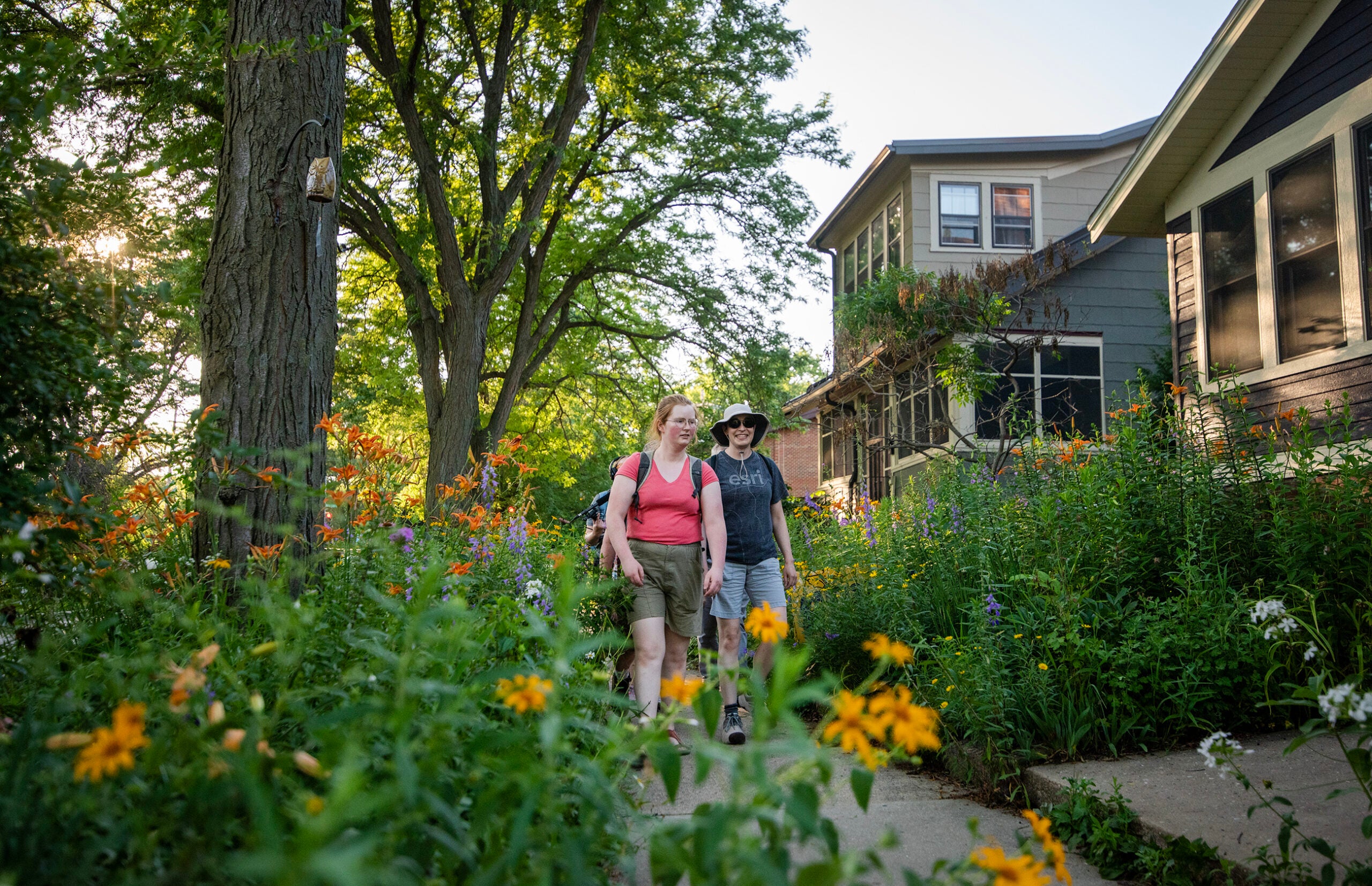 Two people walk on a garden path surrounded by blooming flowers and greenery, with houses and tall trees in the background on a sunny day.