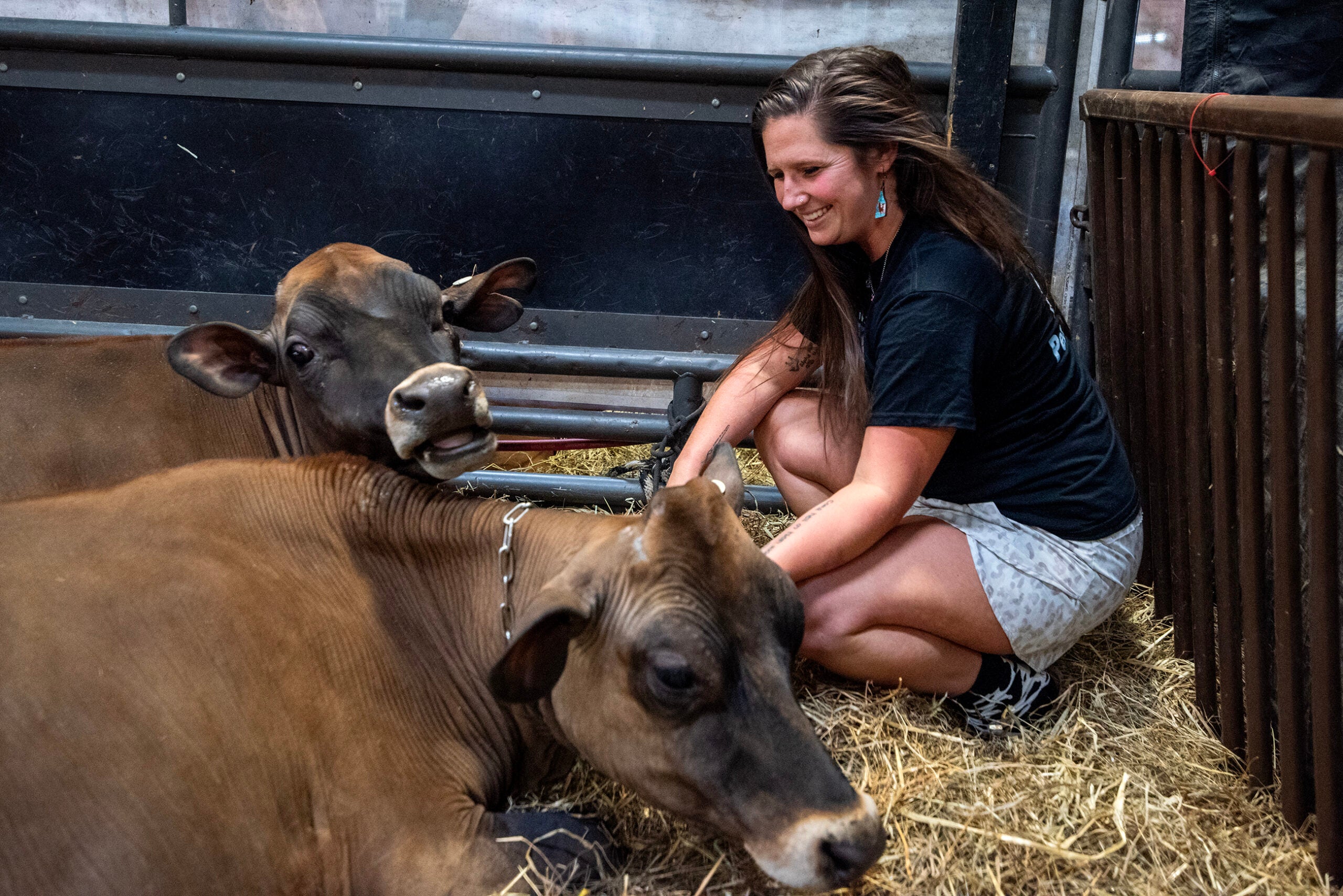 A woman kneels on straw inside a pen, smiling while petting two brown cows lying beside her.