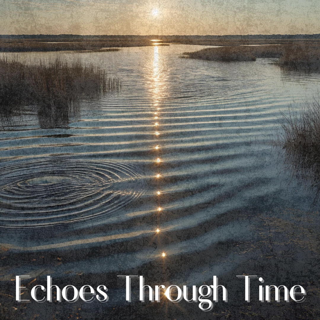 Sunset over a calm marsh; sunlight reflects in a line across rippling water with circular wave patterns. Text at bottom reads, Echoes Through Time.