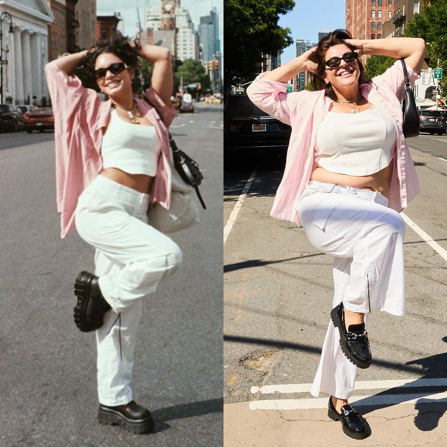 Two people pose in similar outfits and stances on city streets in side-by-side photos, both wearing white pants, white tops, pink shirts, black shoes, and sunglasses.