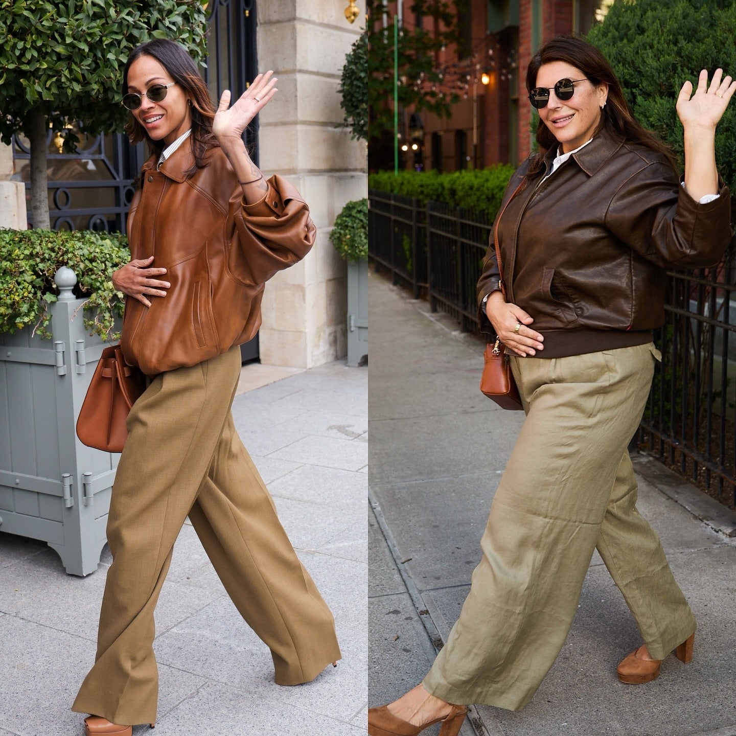 Two women, both wearing brown jackets, tan pants, sunglasses, and brown shoes, walk on city sidewalks while waving and smiling at the camera.
