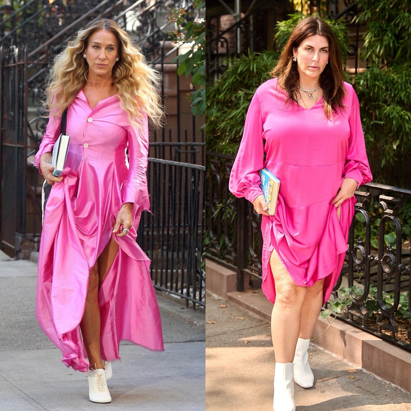 Two women are walking outside on a city sidewalk, each wearing a shiny pink dress and white ankle boots, holding books in their hands.