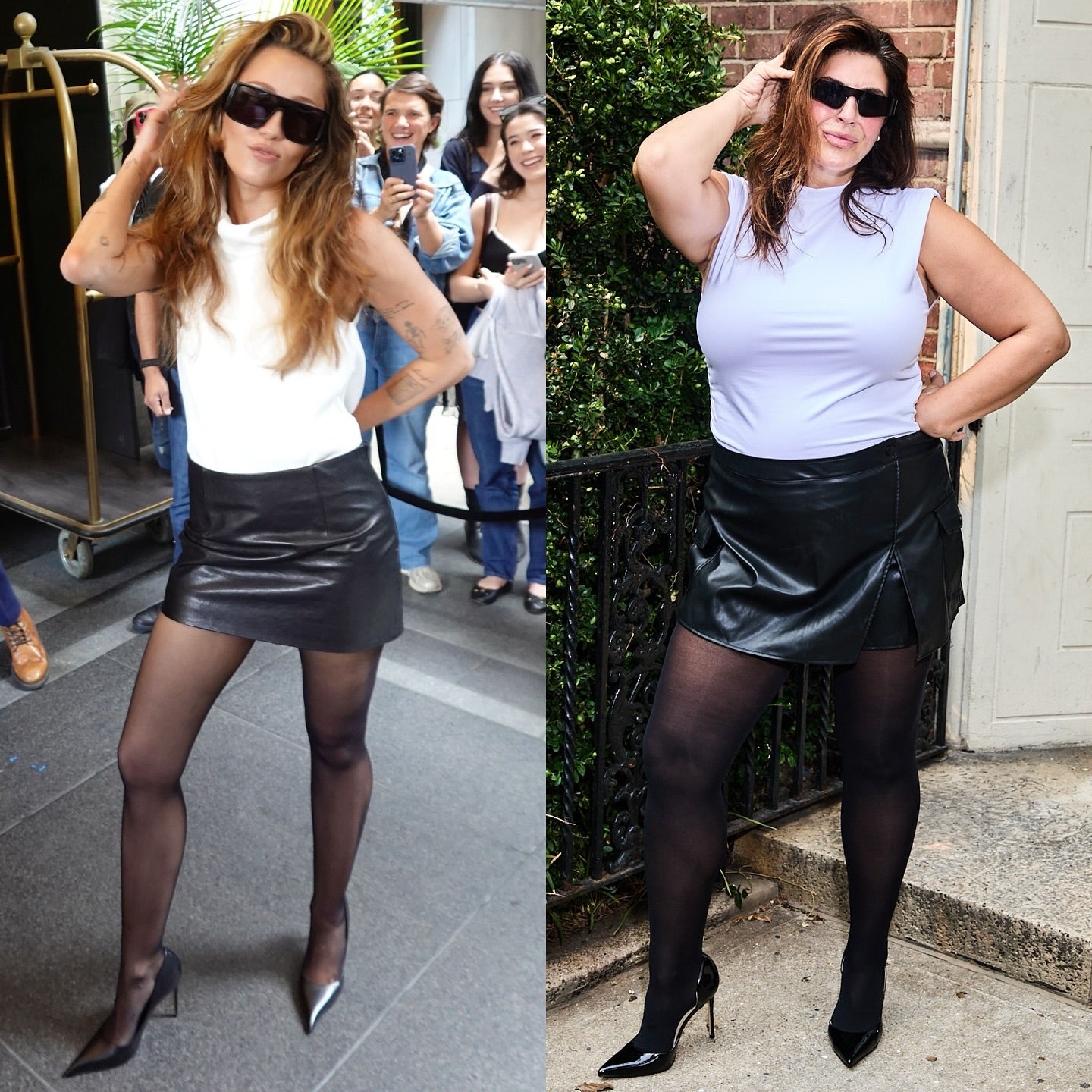Two women pose outdoors in similar outfits: sleeveless white tops, black leather mini skirts, sheer black tights, and black high heels. Onlookers are visible behind the woman on the left.