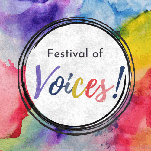 A circular logo with the text Festival of Voices! on a white background, surrounded by a colorful watercolor pattern.