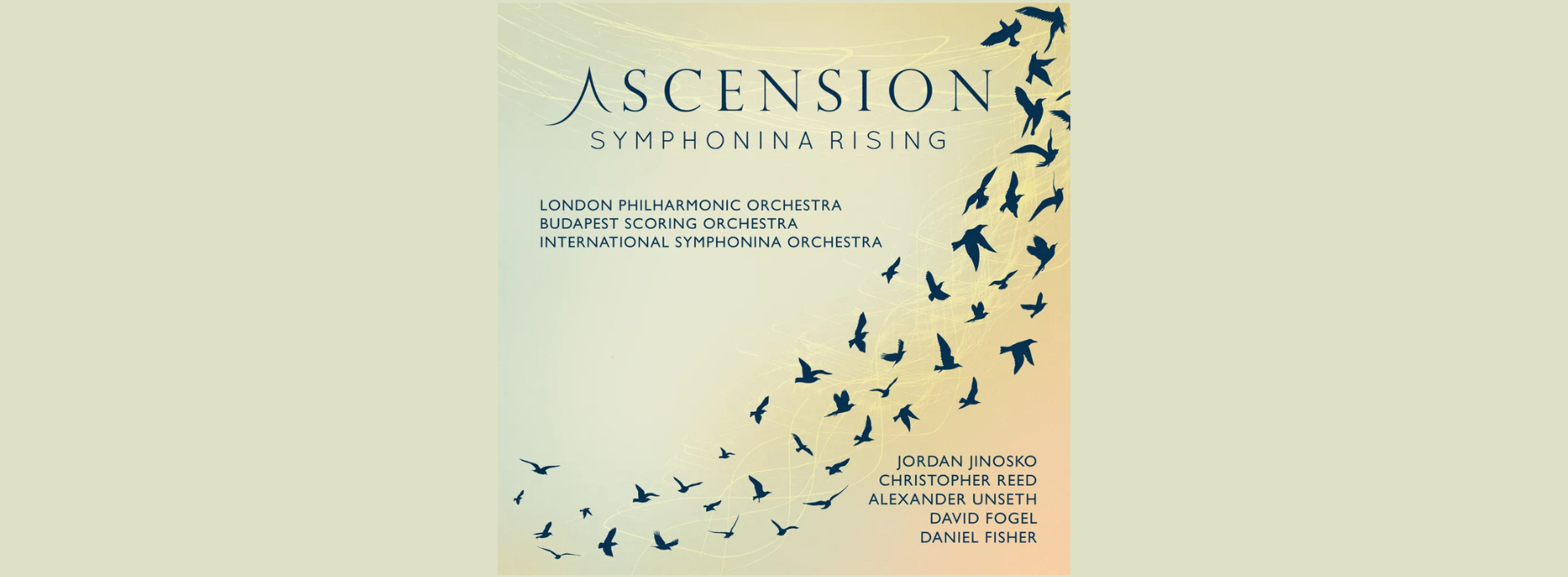 Album cover for Ascension: Symphonina Rising featuring silhouettes of birds in flight against a gradient sky, with listed orchestras and composers names on the left.